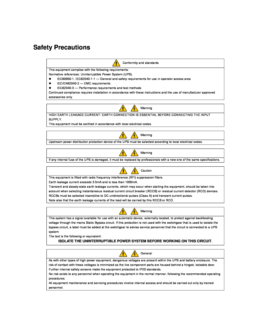 Emerson 200, U/300/S/12P, U /400/S/12P, U/300/S/6P, U /400/S/6P, 400KVA, 160 user manual Safety Precautions 