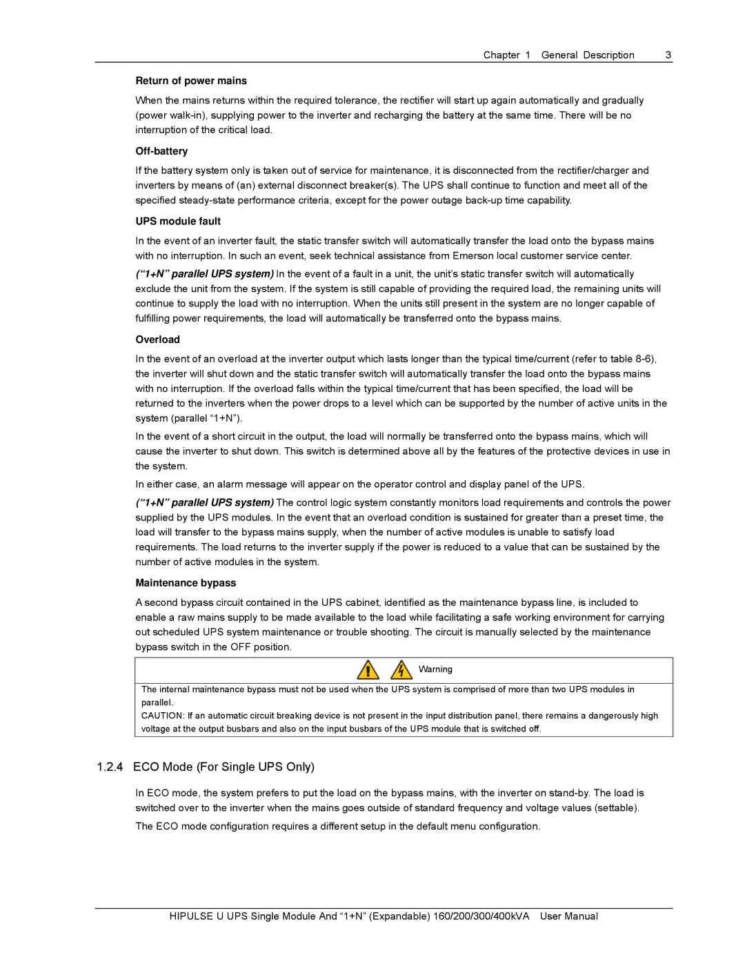 Emerson 160, U/300/S/12P, U /400/S/12P, U/300/S/6P, U /400/S/6P, 400KVA, 200 user manual ECO Mode For Single UPS Only 