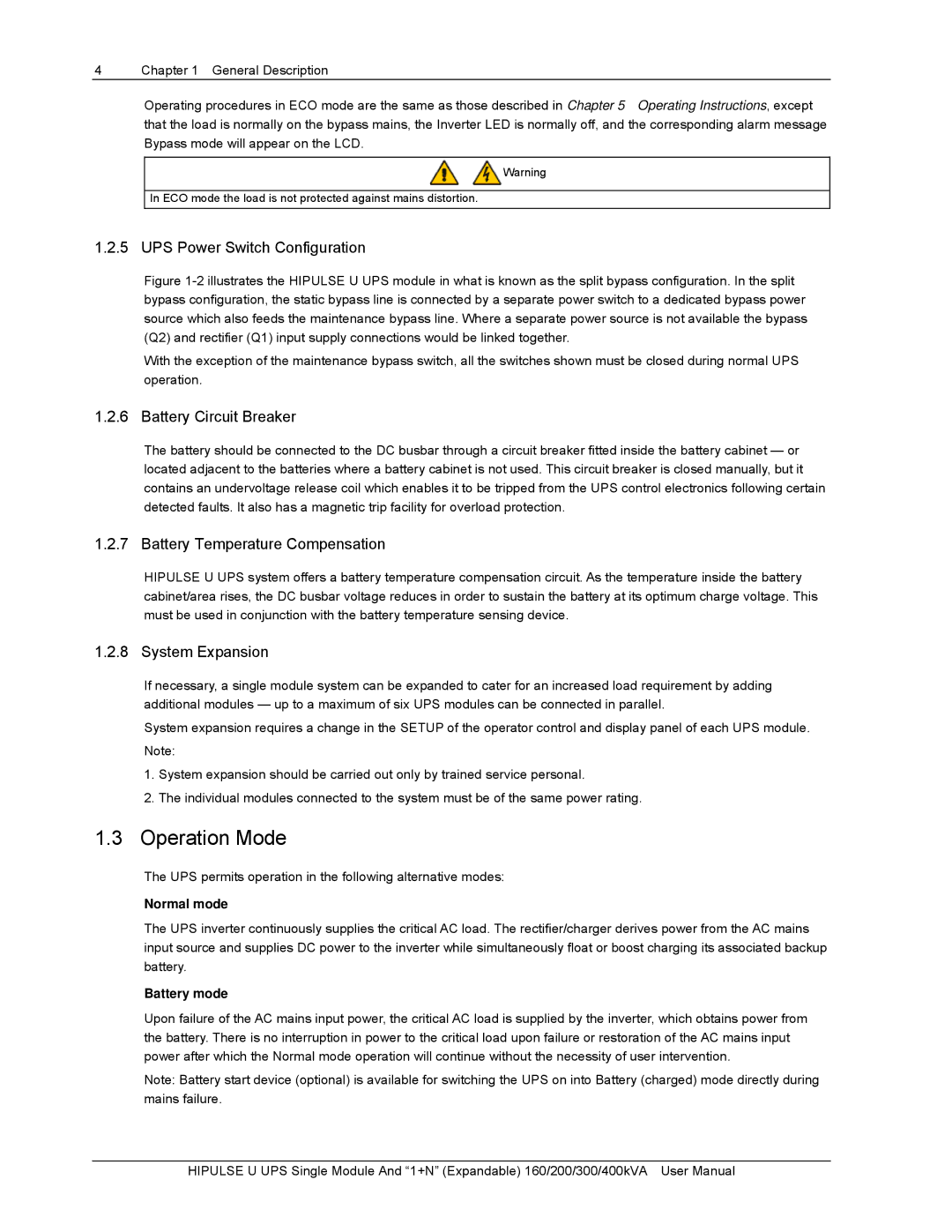 Emerson U/300/S/12P, U/300/S/6P Operation Mode, UPS Power Switch Configuration, Battery Circuit Breaker, System Expansion 