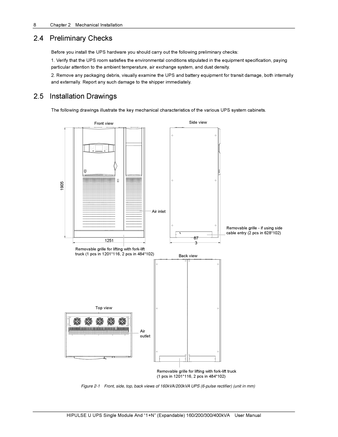 Emerson 400KVA, 200, 160 Preliminary Checks, Installation Drawings, Front view Air inlet, Top view Air, Side view Back view 