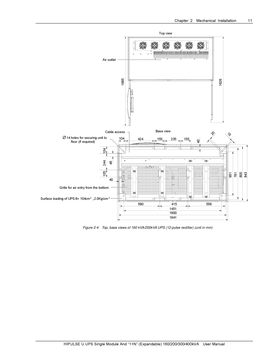 Emerson U/300/S/12P, U/300/S/6P Top view Air outlet 1685 1626 Cable access Base view, 104 424 155, 415 556 1451 1600 1641 