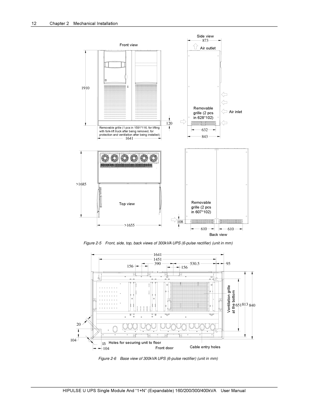 Emerson U /400/S/12P, U/300/S/12P Front正view视图, Removable Grille 2 pcs, 607*102, Holes for securing unit to floor 