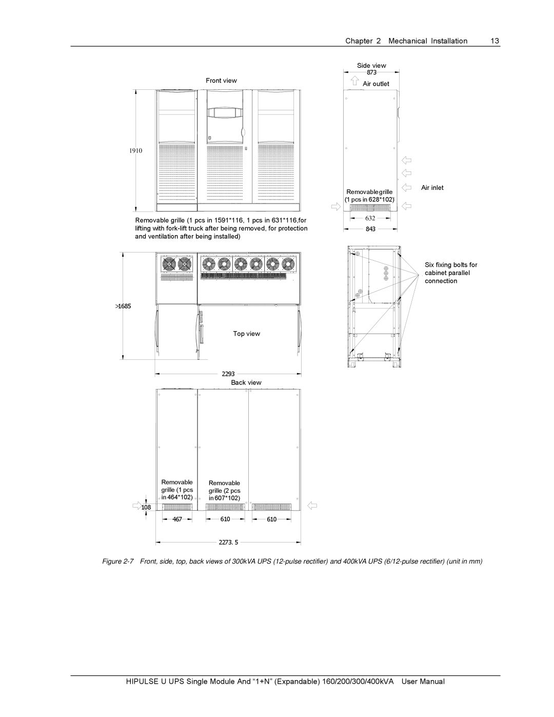 Emerson U/300/S/6P, U/300/S/12P, U /400/S/12P, U /400/S/6P Front view 正视图, Ventilation after being installed, Air inlet 进风口 