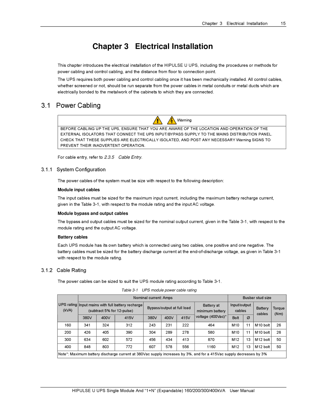 Emerson 400KVA, U/300/S/12P, U /400/S/12P, 200 Electrical Installation, Power Cabling, System Configuration, Cable Rating 