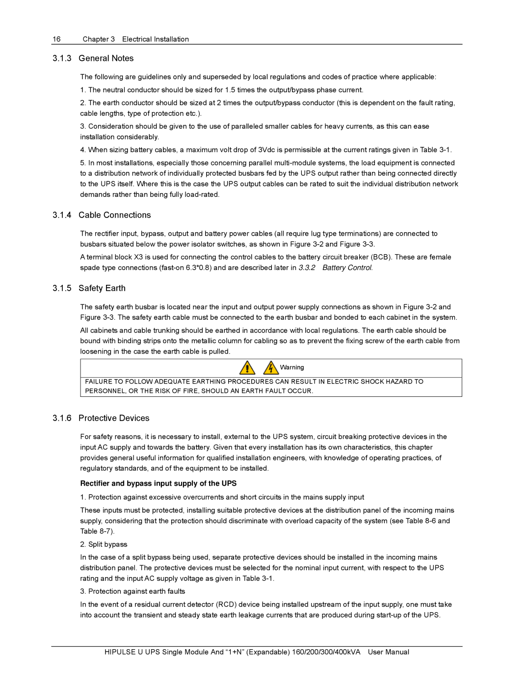 Emerson 200, U/300/S/12P, U /400/S/12P, U/300/S/6P, 400KVA General Notes, Cable Connections, Safety Earth, Protective Devices 