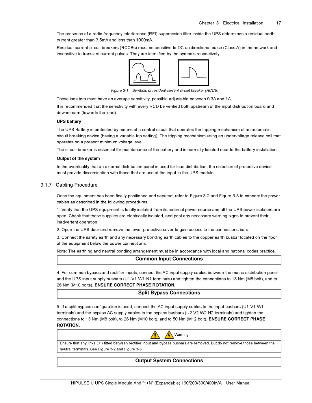 Emerson 160, U/300/S/12P Cabling Procedure, UPS battery, Output of the system, Nm M10 bolts. Ensure Correct Phase Rotation 