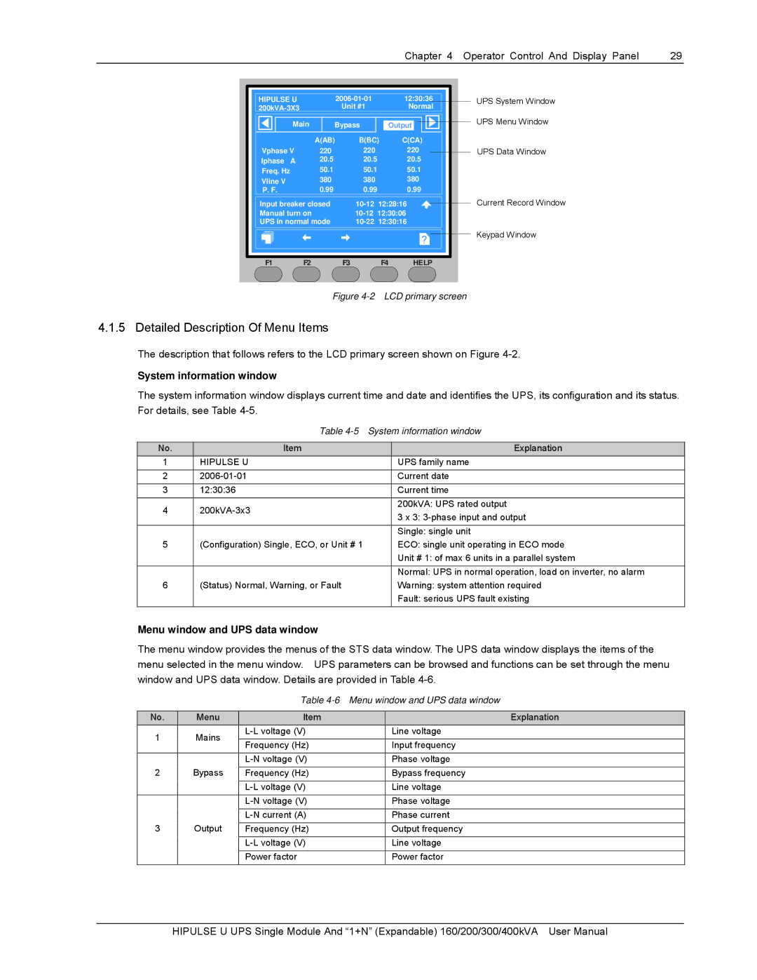 Emerson 400KVA, U/300/S/12P Detailed Description Of Menu Items, System information window, Menu window and UPS data window 