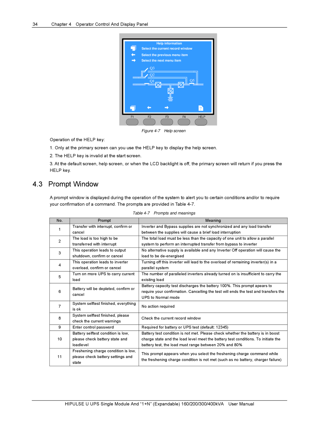 Emerson U/300/S/6P, U/300/S/12P, U /400/S/12P, U /400/S/6P, 400KVA, 200, 160 user manual Prompt Window 