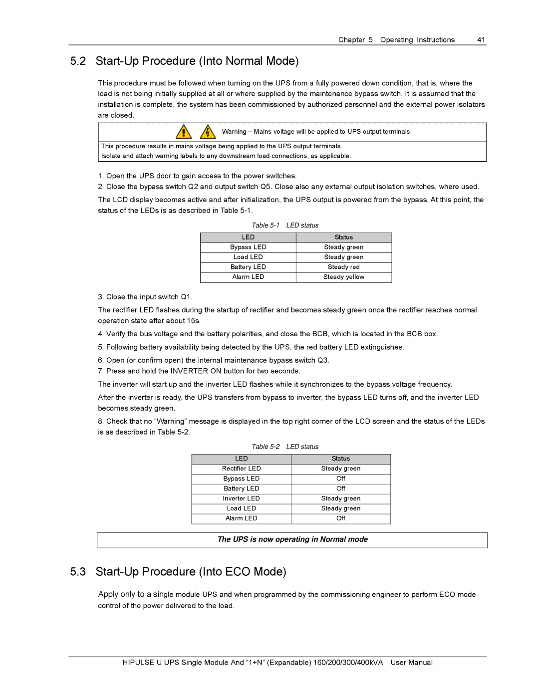 Emerson U/300/S/6P, U/300/S/12P, 400KVA Start-Up Procedure Into Normal Mode, Start-Up Procedure Into ECO Mode, LED status 