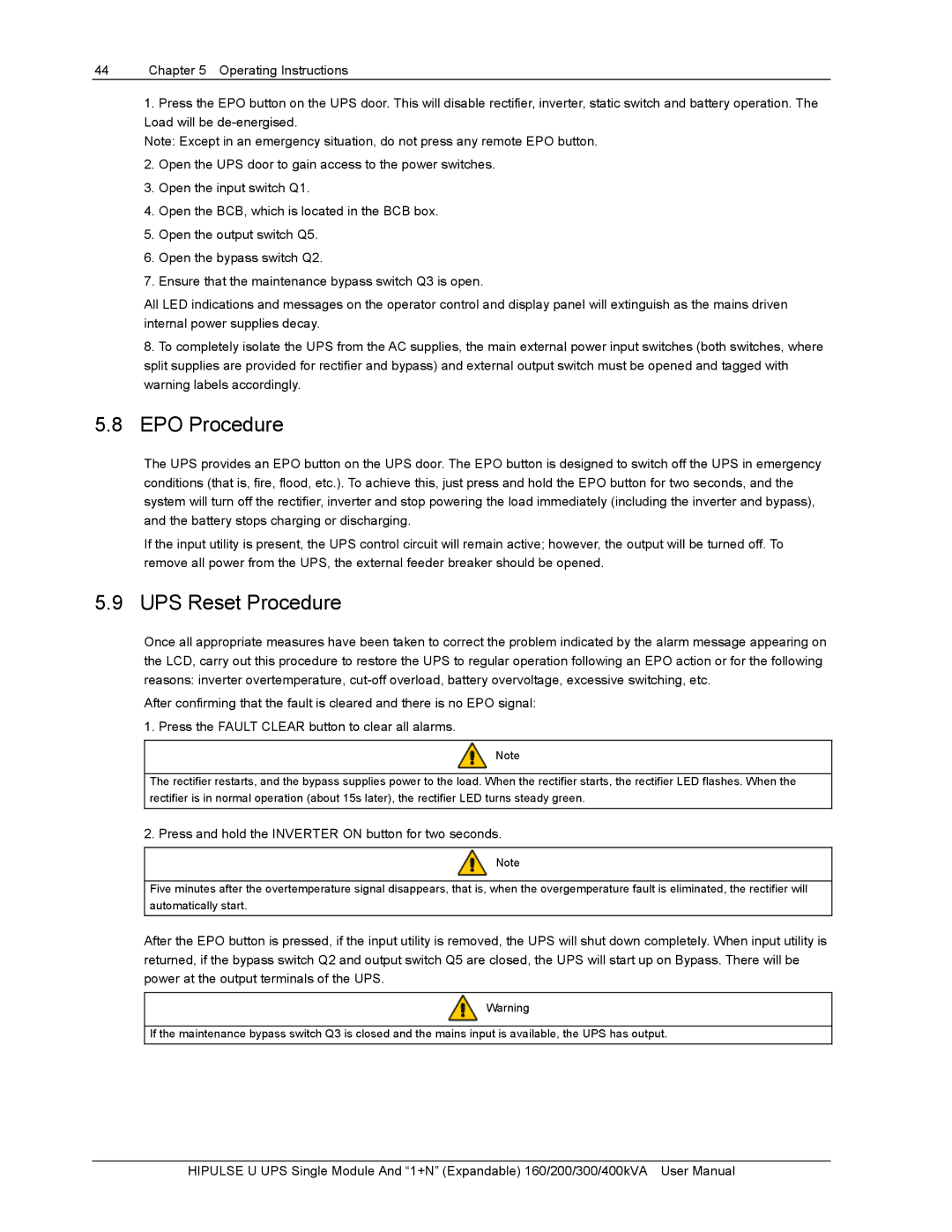 Emerson 200, U/300/S/12P, U /400/S/12P, U/300/S/6P, U /400/S/6P, 400KVA, 160 user manual EPO Procedure, UPS Reset Procedure 