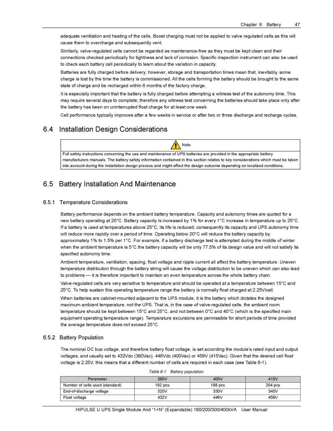 Emerson U /400/S/12P Installation Design Considerations, Battery Installation And Maintenance, Temperature Considerations 