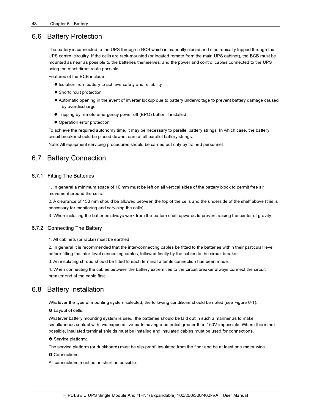 Emerson U/300/S/6P, U/300/S/12P, 400KVA Battery Protection, Battery Connection, Battery Installation, Fitting The Batteries 