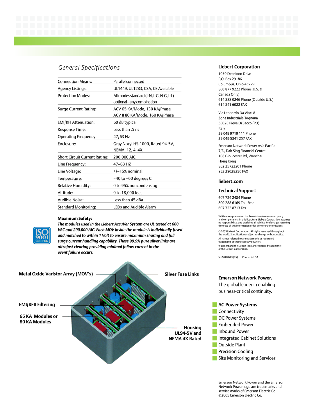 Emerson UL94-5V, NEMA 4X General Specifications, Liebert Corporation, Liebert.com Technical Support, AC Power Systems 