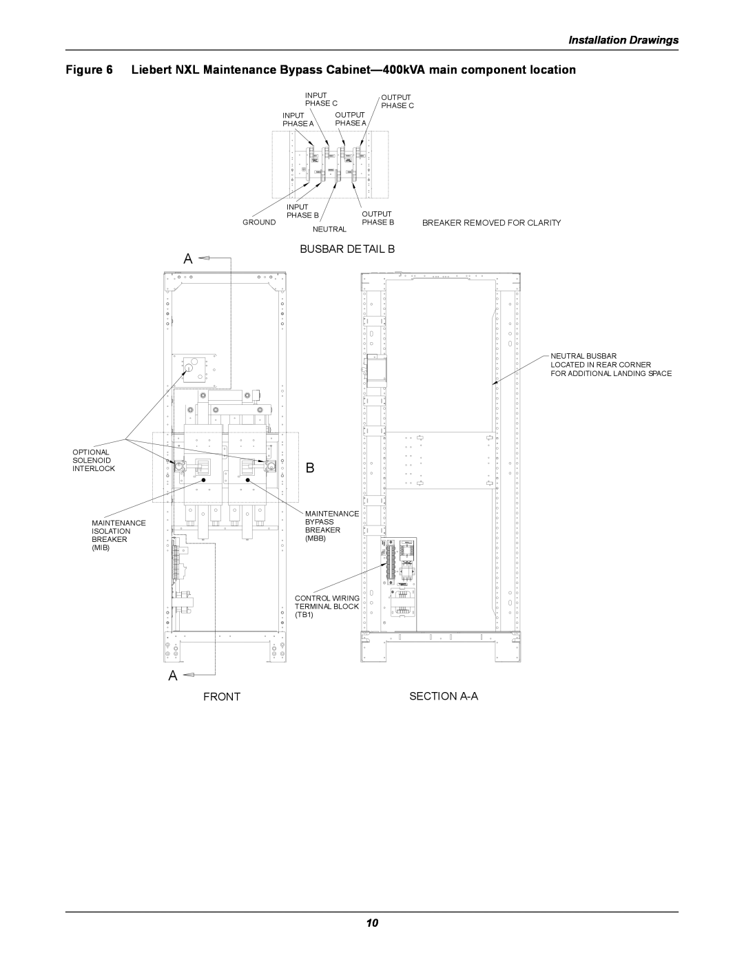 Emerson UPS Systems installation manual Installation Drawings, Busbar Detail B, Front, Section A-A 
