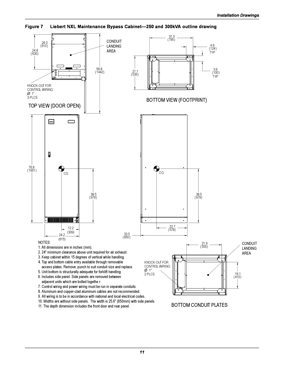 Emerson UPS Systems Top View Door Open, Bottom Conduit Plates, Bottom View Footprint, Installation Drawings 