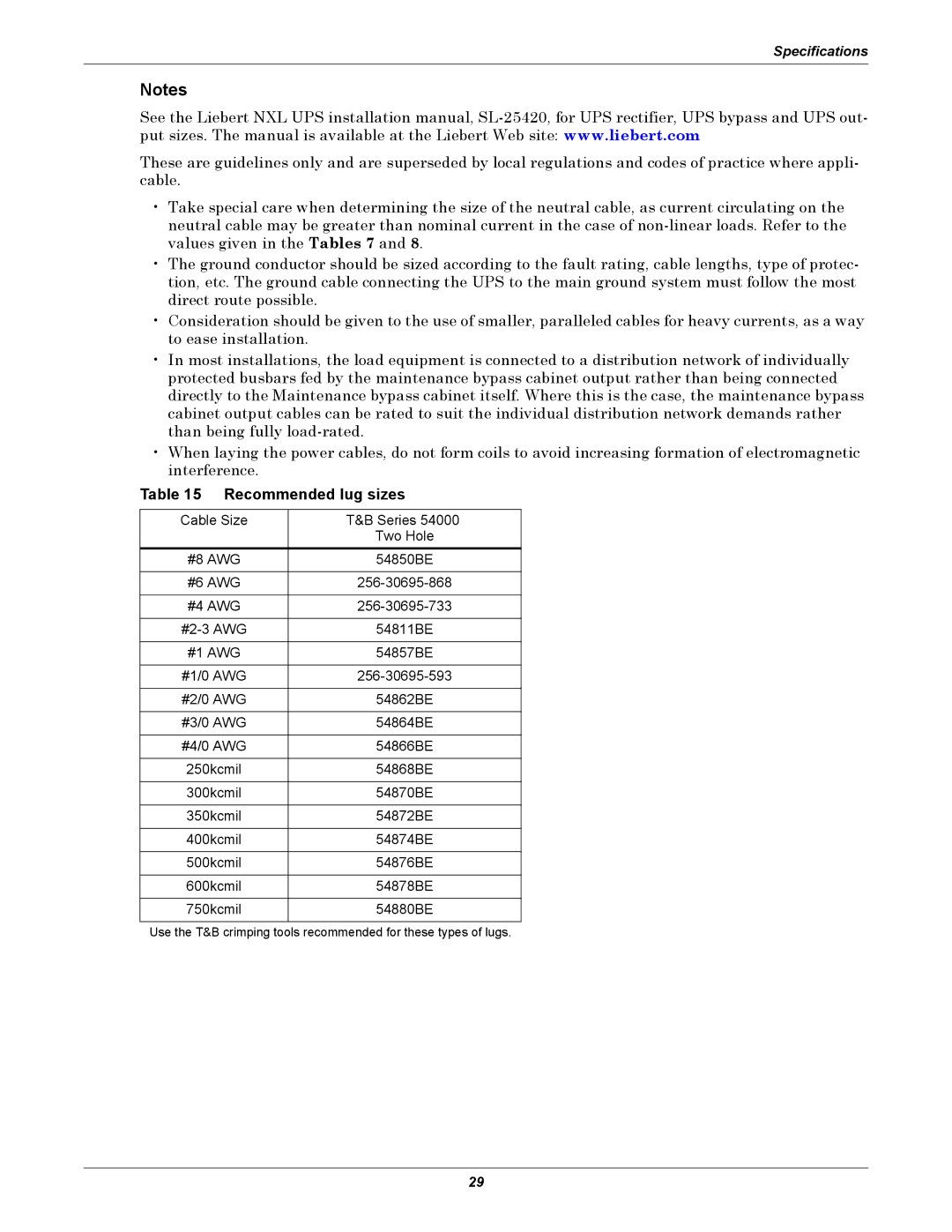 Emerson UPS Systems installation manual Recommended lug sizes, #4/0 AWG 