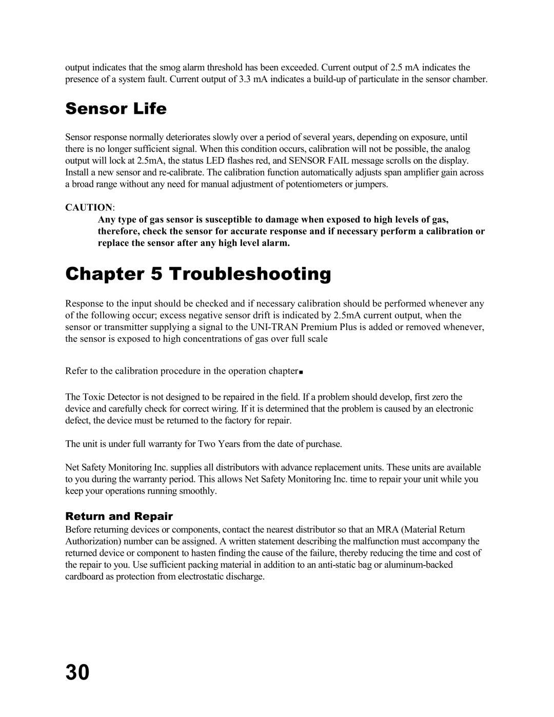 Emerson UT-P+-STXXXX, MA N-00 05-00 user manual Troubleshooting, Sensor Life 