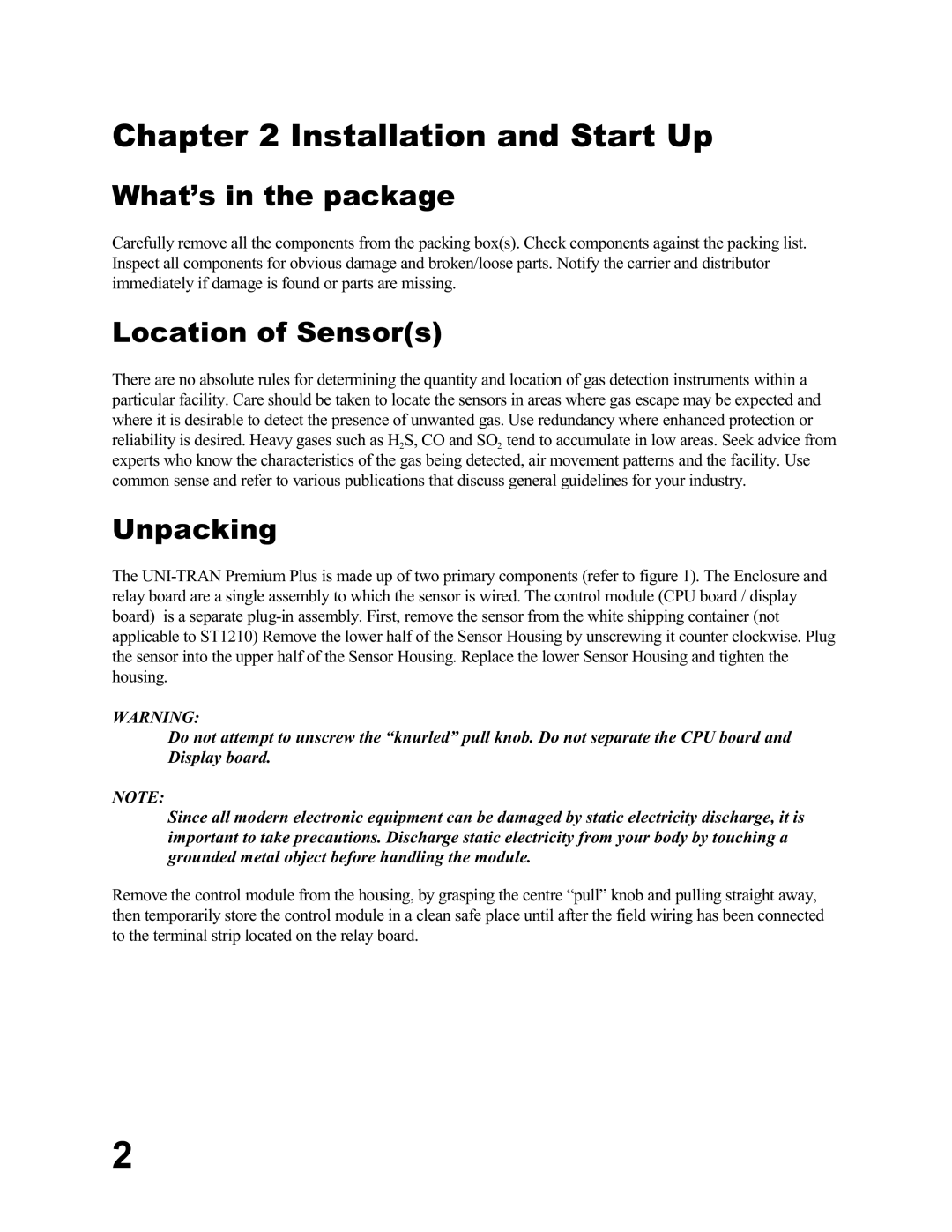 Emerson UT-P+-STXXXX, MA N-00 05-00 Installation and Start Up, What’s in the package, Location of Sensors, Unpacking 