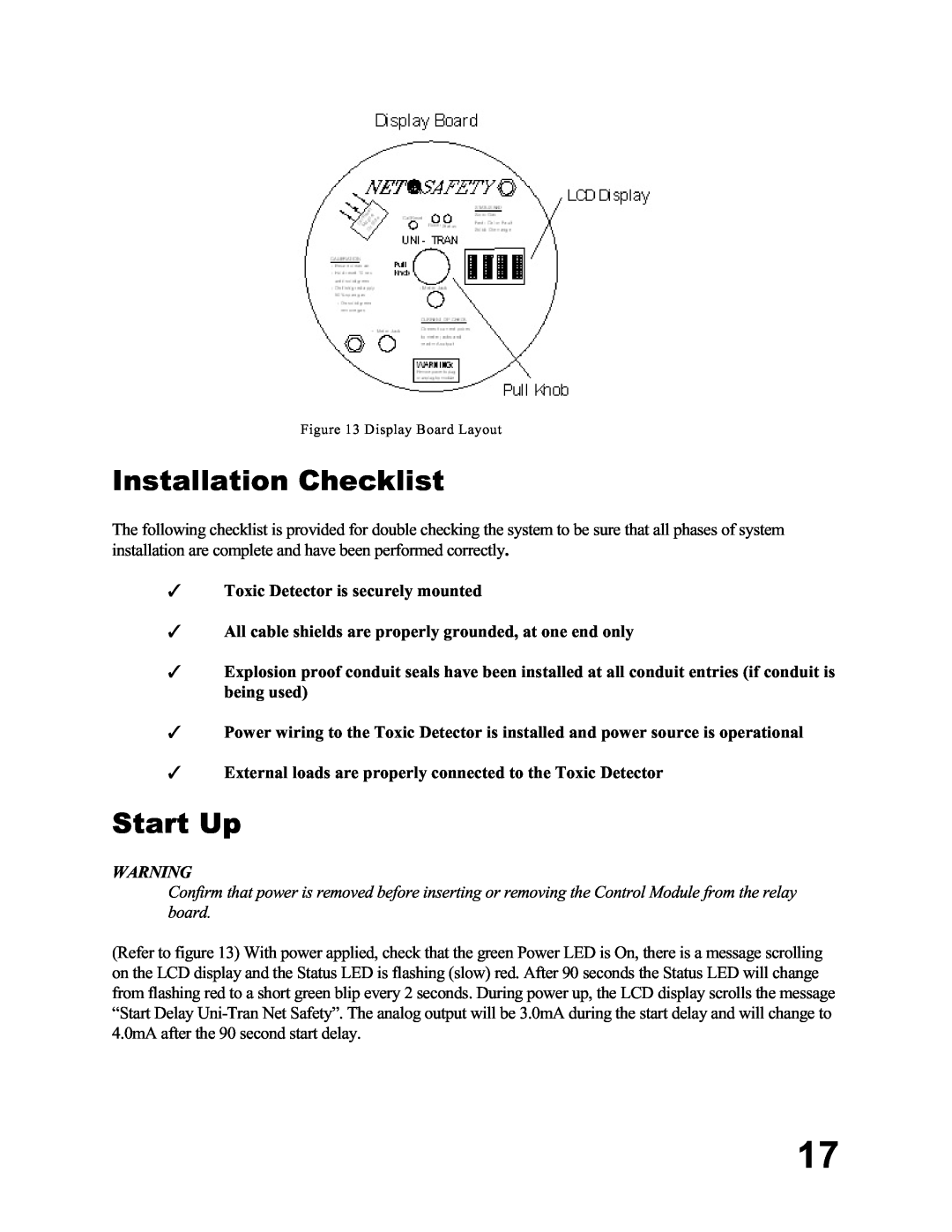 Emerson MA N-00 05-00, UT-P+-STXXXX user manual Installation Checklist, Start Up, TToxic Detector is securely mounted 