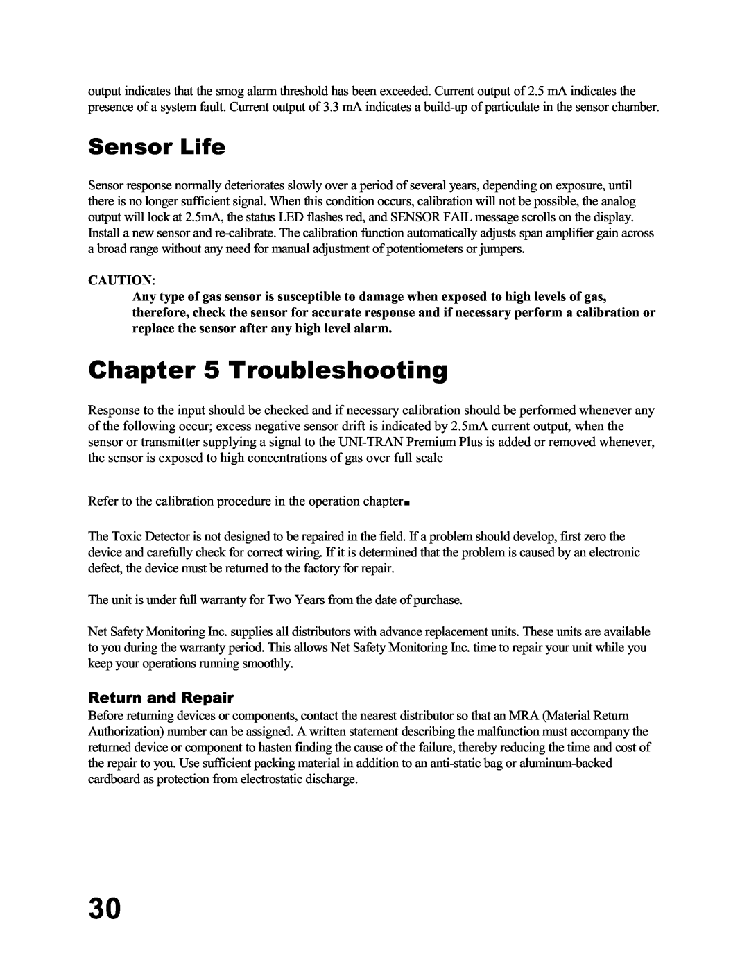 Emerson UT-P+-STXXXX, MA N-00 05-00 user manual Troubleshooting, Sensor Life 