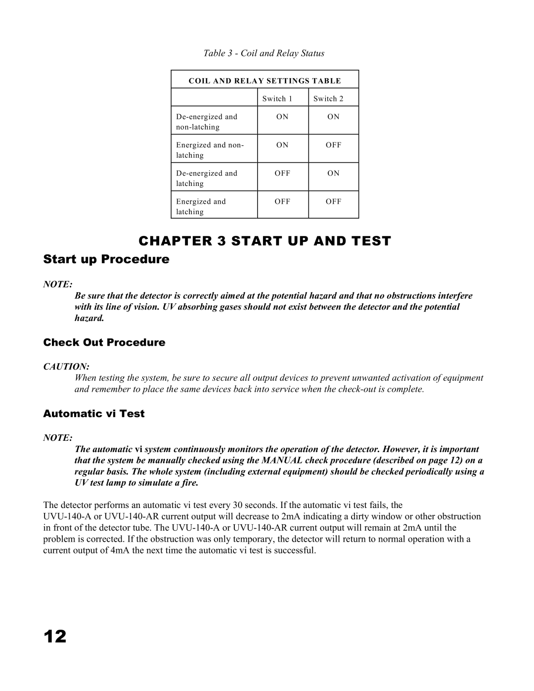 Emerson UVU-140A-AR user manual Start UP and Test, Start up Procedure, Check Out Procedure, Automatic vi Test 