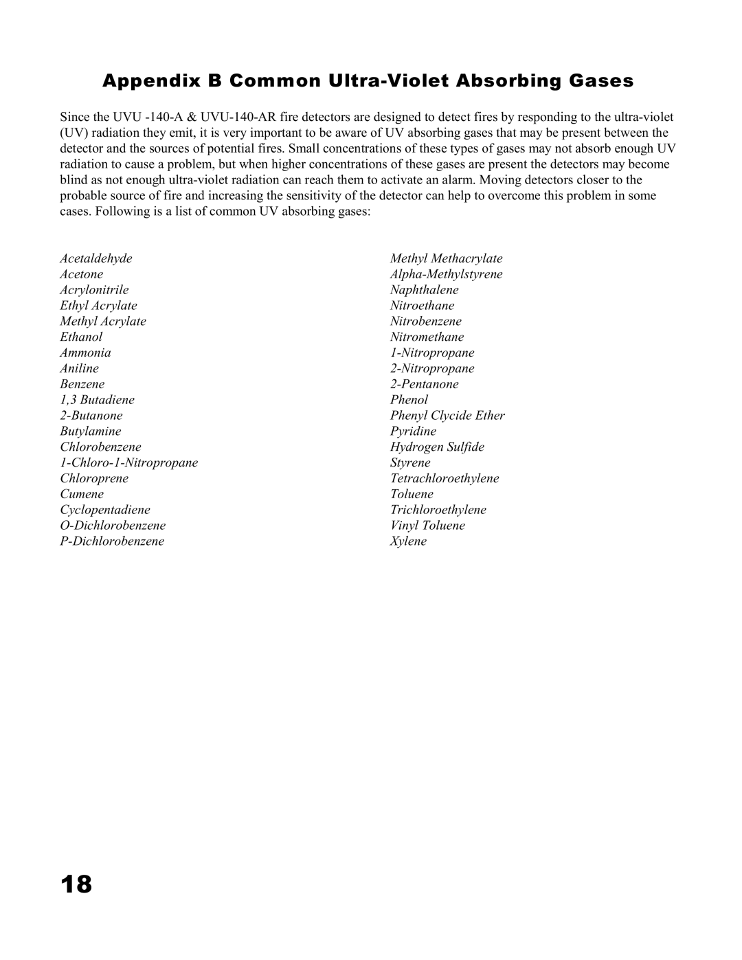 Emerson UVU-140A-AR user manual Appendix B Common Ultra-Violet Absorbing Gases 