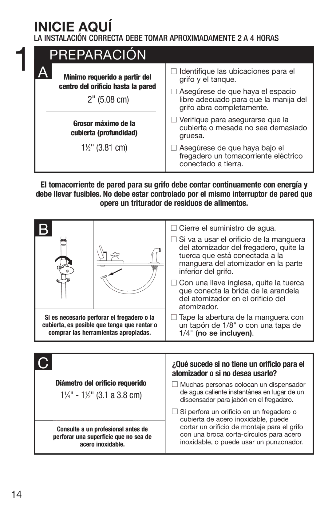 Emerson UWL owner manual Preparación, Cierre el suministro de agua, Grosor máximo de la cubierta profundidad 