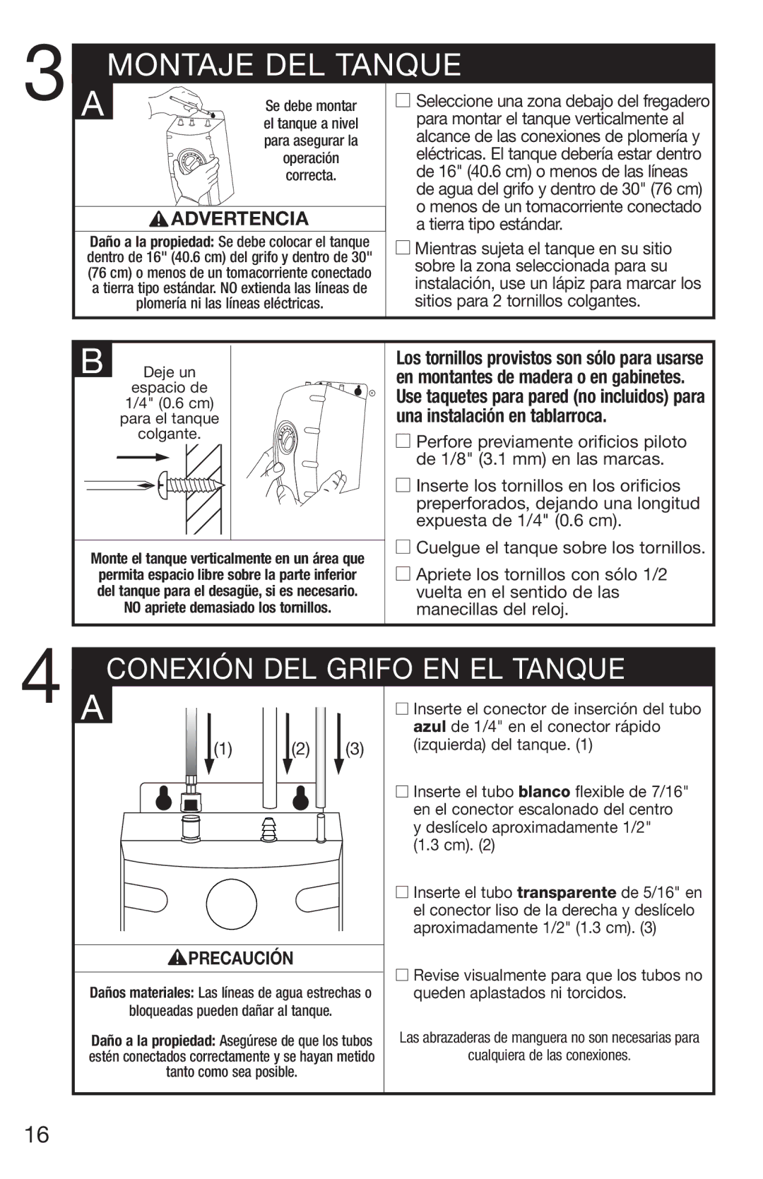 Emerson UWL owner manual Montaje DEL Tanque, Advertencia, Precaución 