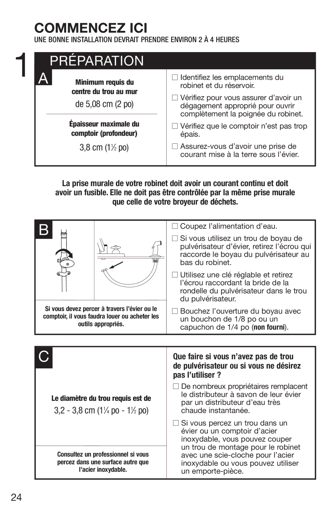 Emerson UWL Préparation, Centre du trou au mur, Cm 11⁄2 po, Identifiez les emplacements du robinet et du réservoir 