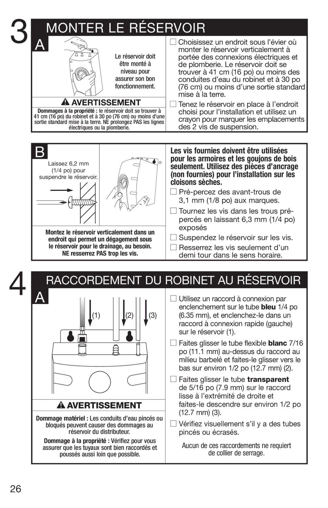 Emerson UWL owner manual Monter LE Réservoir, Avertissement 