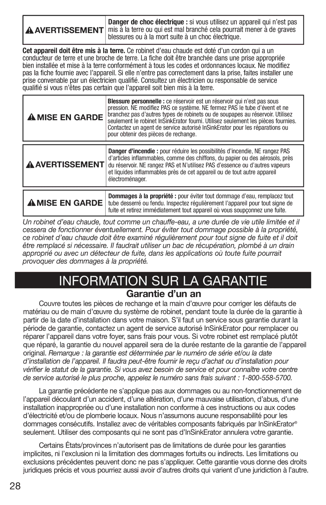 Emerson UWL owner manual Information SUR LA Garantie, Avertissement Mise EN Garde 