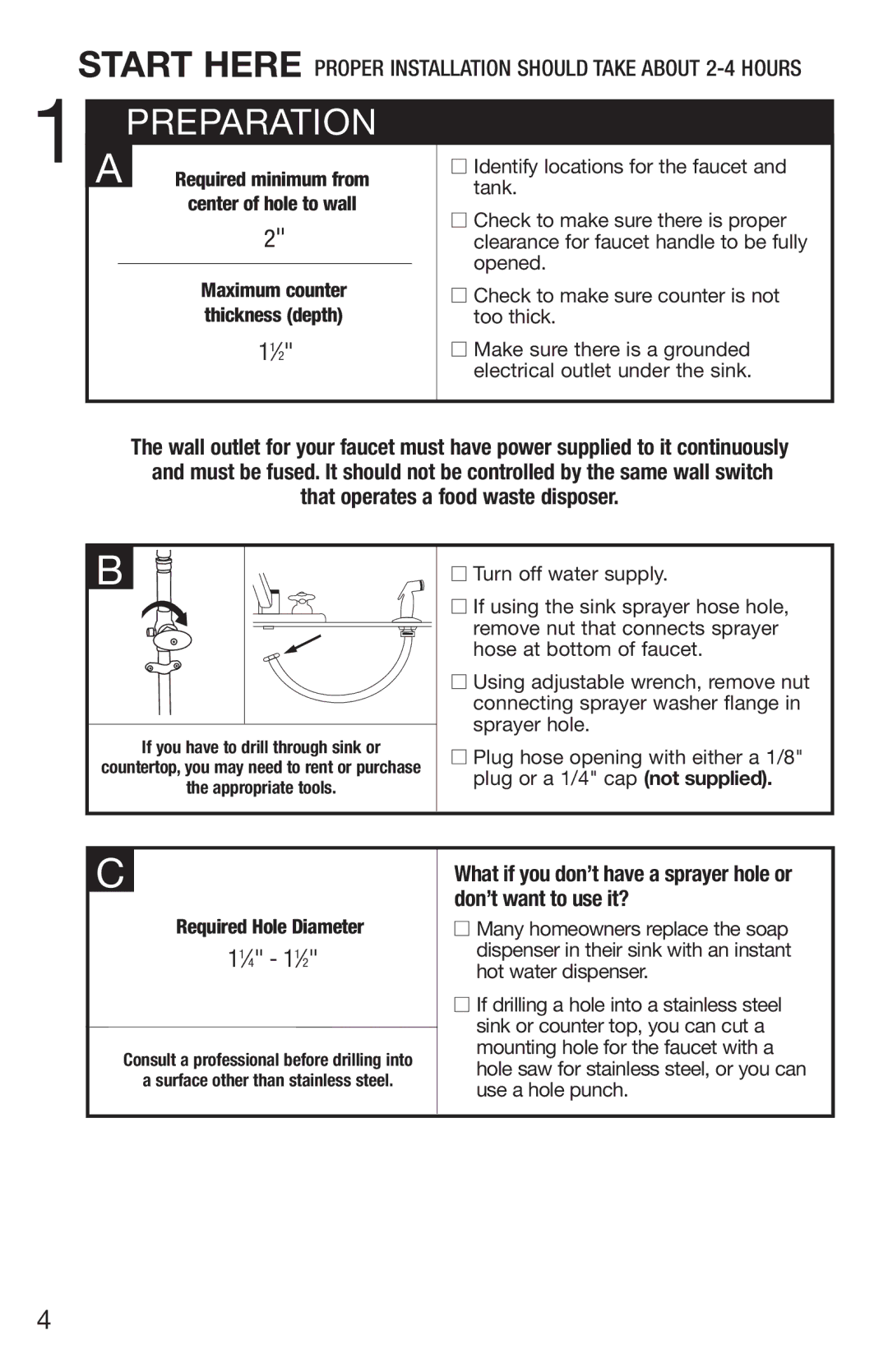 Emerson UWL owner manual Preparation, Required minimum from center of hole to wall, Maximum counter thickness depth 