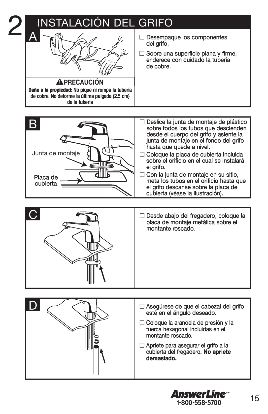 Emerson UWL owner manual Instalación Del Grifo, Precaución 