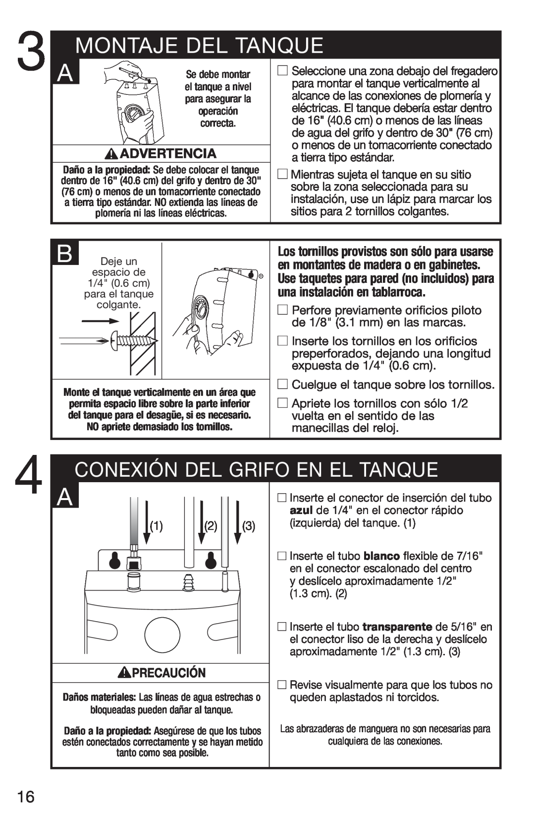 Emerson UWL owner manual Montaje Del Tanque, Advertencia, Precaución, Conexión Del Grifo En El Tanque 