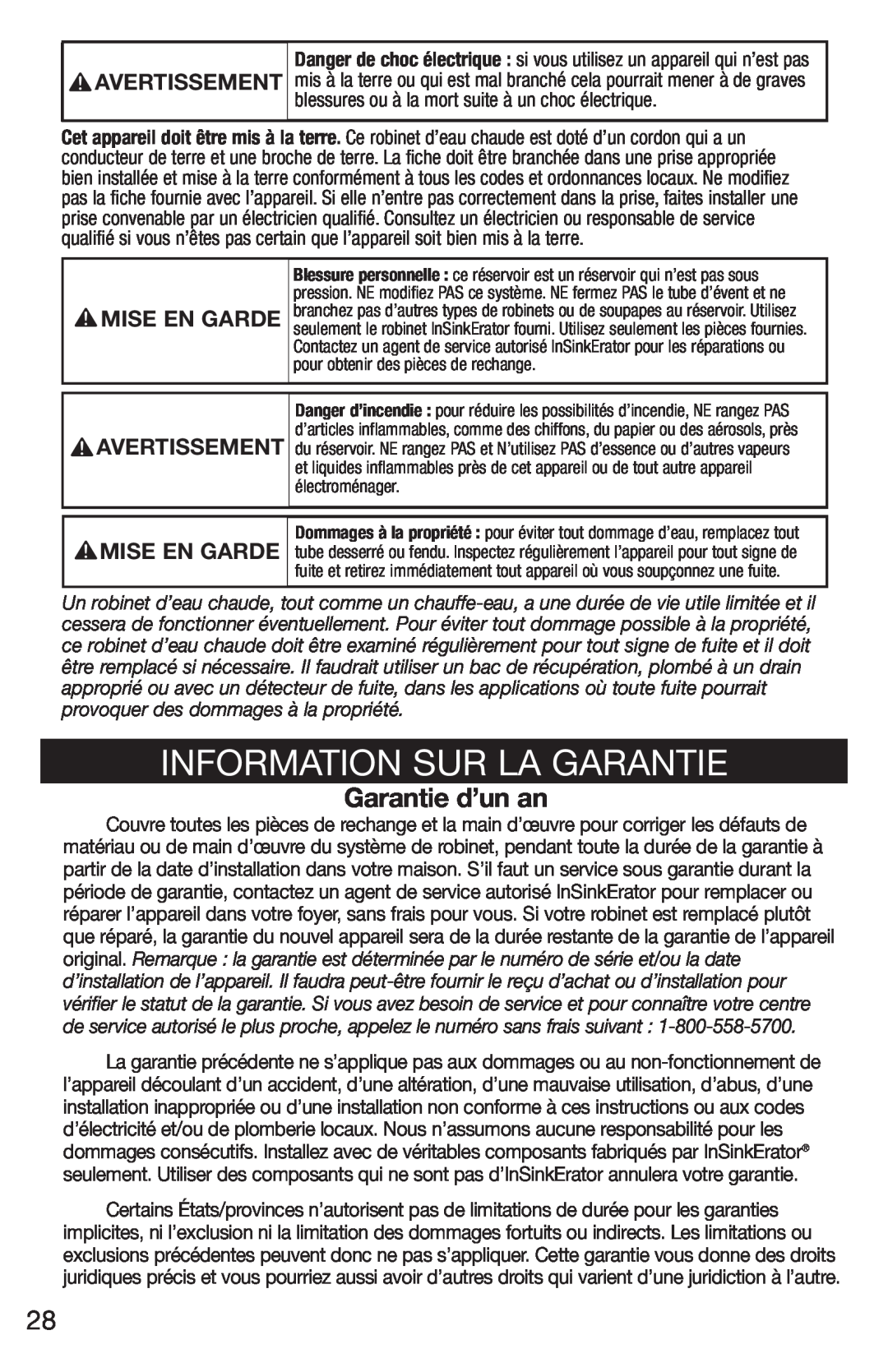 Emerson UWL owner manual Information Sur La Garantie, Garantie d’un an, Avertissement, Mise En Garde 