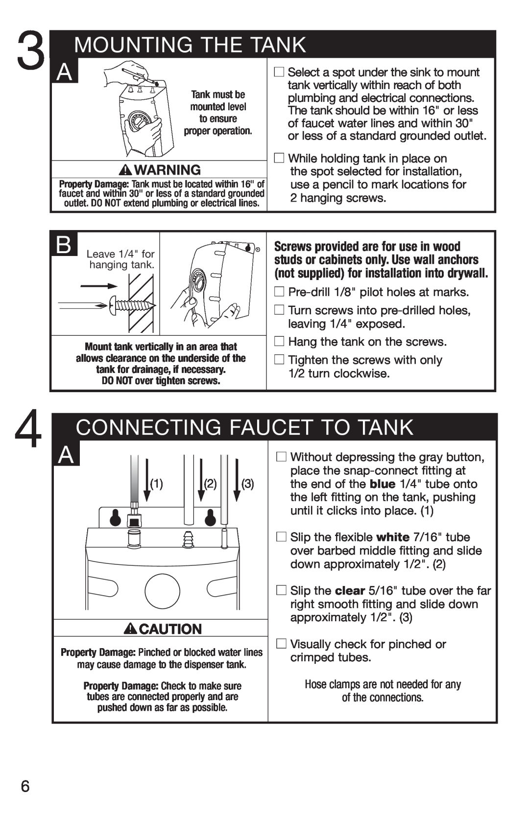 Emerson UWL owner manual Mounting The Tank, Connecting Faucet To Tank 