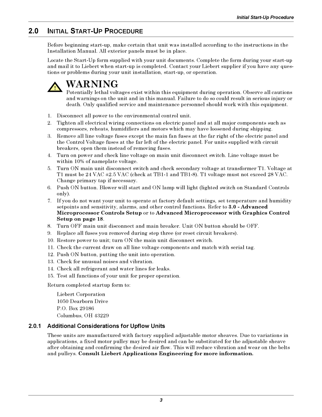 Emerson DH, VH, DE, VE manual Initial START-UP Procedure, Additional Considerations for Upflow Units 