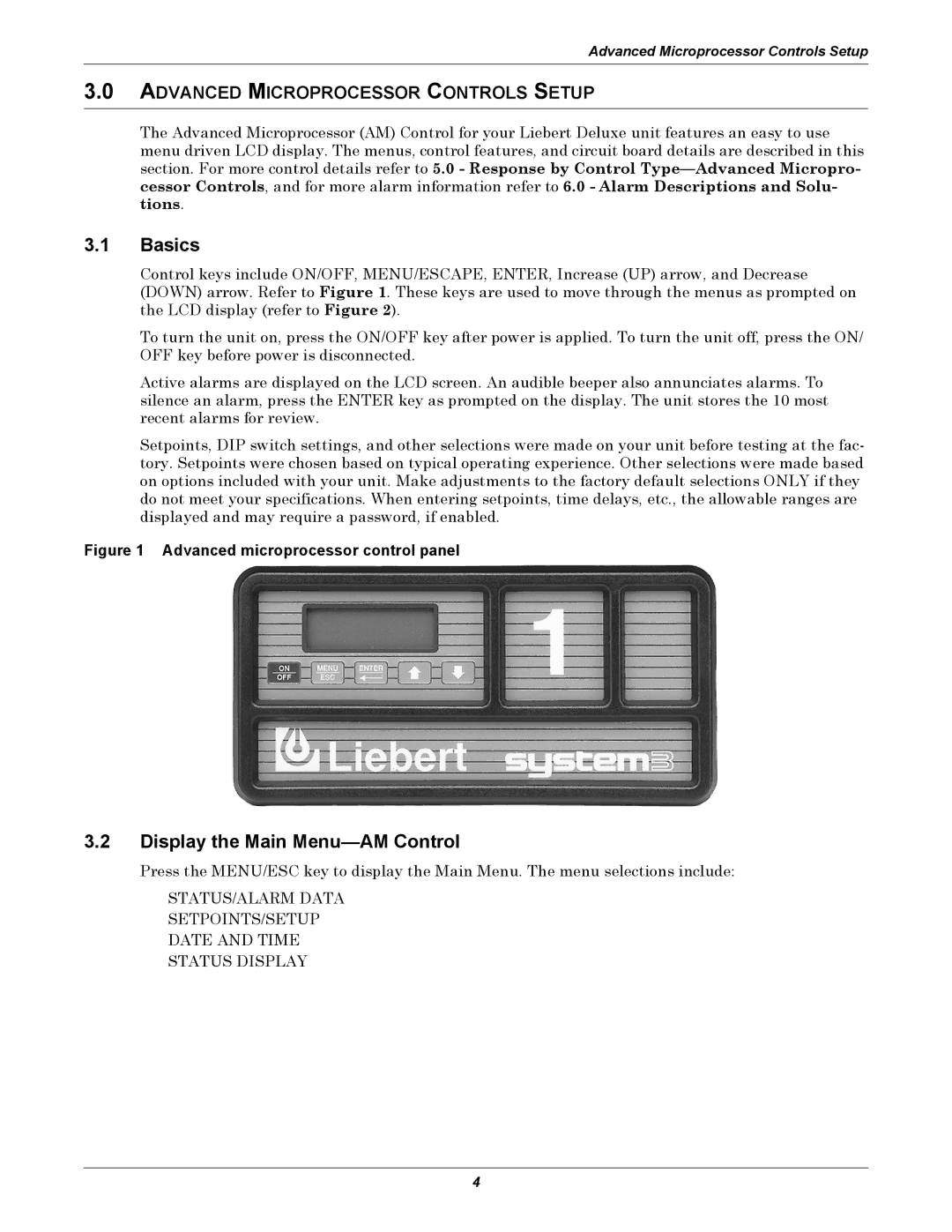 Emerson VH, DE, VE, DH manual Basics, Display the Main Menu-AM Control, Advanced Microprocessor Controls Setup 