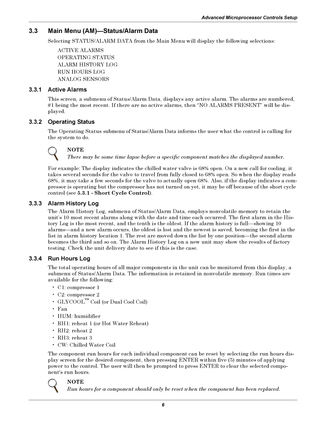 Emerson VE, VH, DE, DH Main Menu AM-Status/Alarm Data, Active Alarms, Operating Status, Alarm History Log, Run Hours Log 