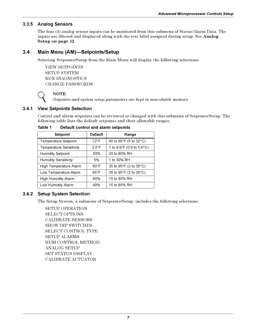 Emerson DH, VH, DE, VE manual Main Menu AM-Setpoints/Setup, Analog Sensors, View Setpoints Selection, Setup System Selection 