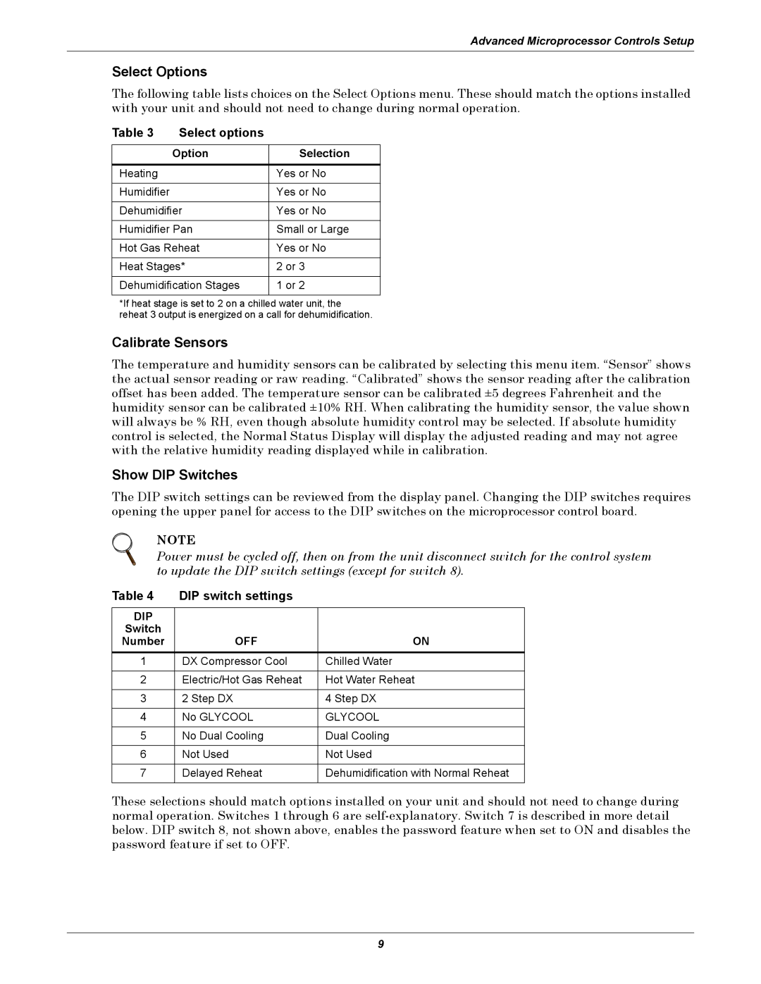 Emerson DE, VH, VE, DH manual Select Options, Calibrate Sensors, Show DIP Switches, Select options, DIP switch settings 