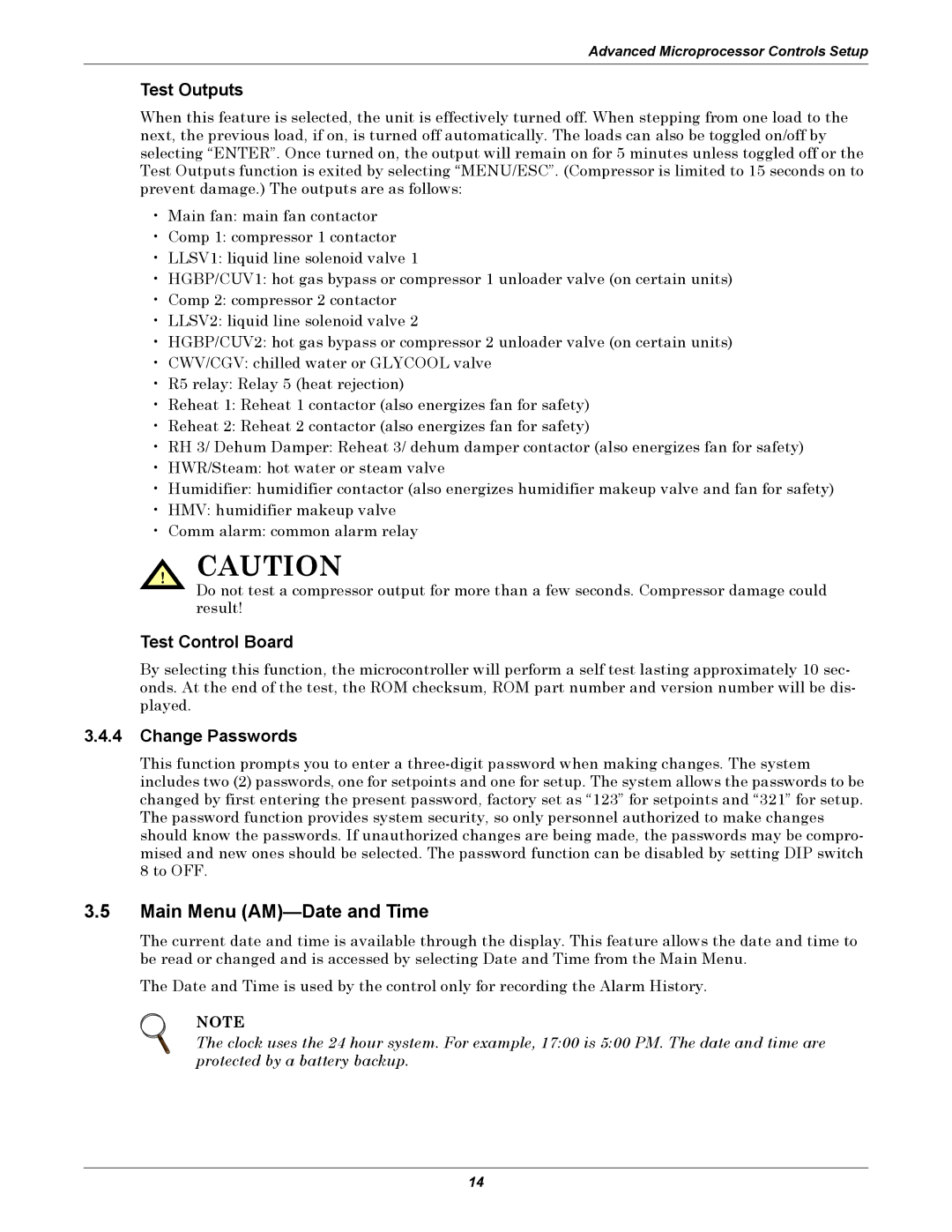 Emerson VE, VH, DE, DH manual Main Menu AM-Date and Time, Test Outputs, Test Control Board, Change Passwords 