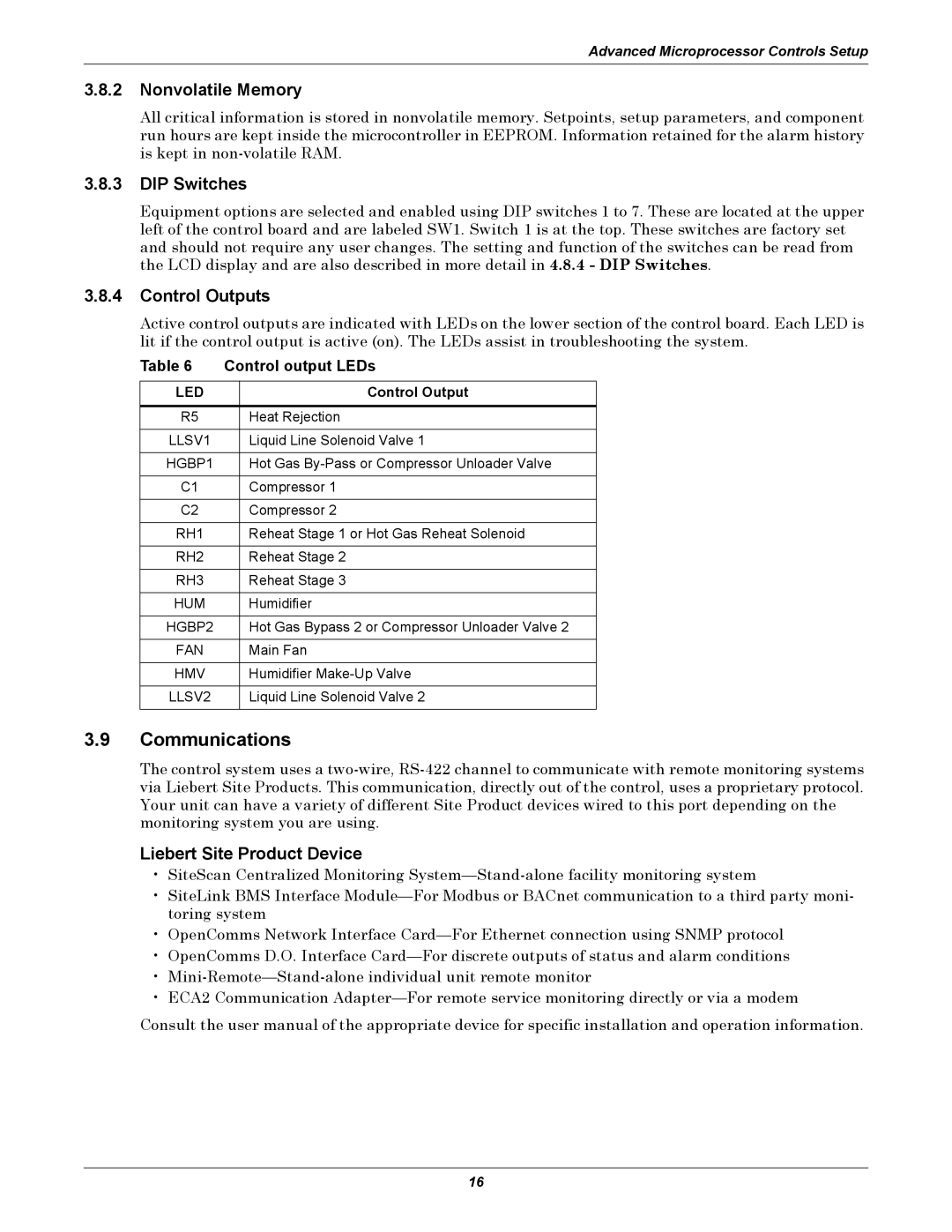 Emerson VH, DE, VE, DH manual Communications, Nonvolatile Memory, DIP Switches, Control Outputs, Liebert Site Product Device 