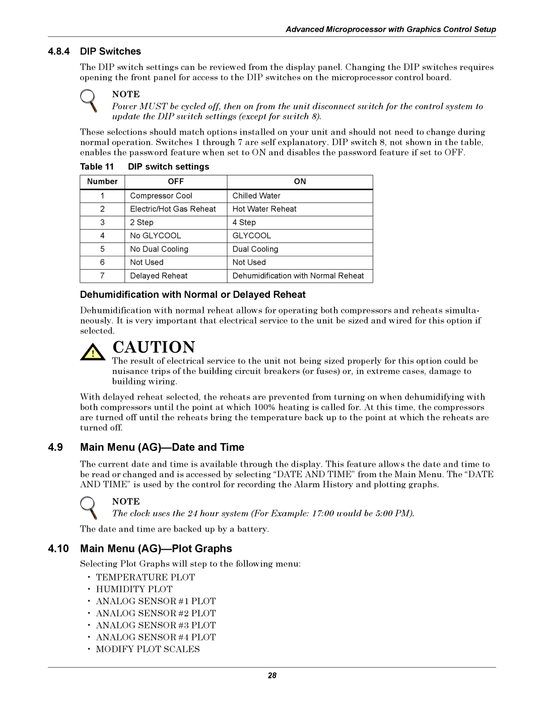 Emerson VH, DE, VE, DH Main Menu AG-Date and Time, Main Menu AG-Plot Graphs, Dehumidification with Normal or Delayed Reheat 