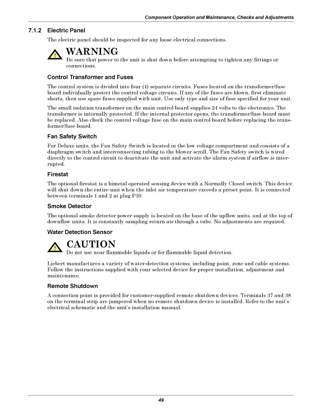 Emerson DE, VH Electric Panel, Control Transformer and Fuses, Fan Safety Switch, Firestat, Smoke Detector, Remote Shutdown 