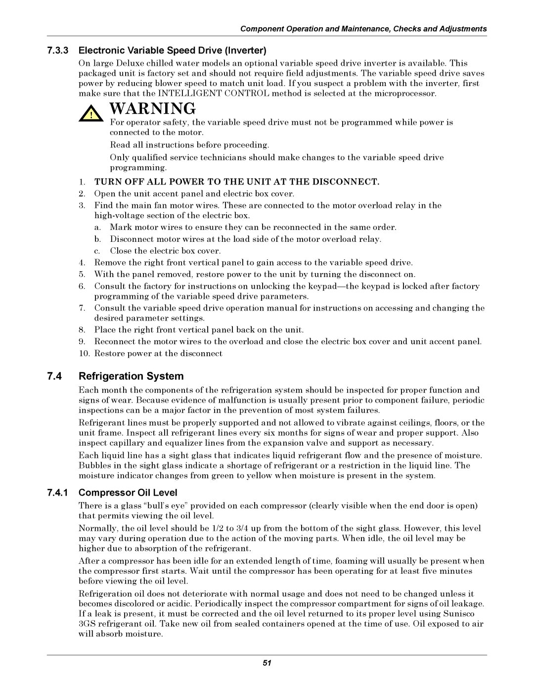 Emerson DH, VH, DE, VE manual Refrigeration System, Electronic Variable Speed Drive Inverter, Compressor Oil Level 