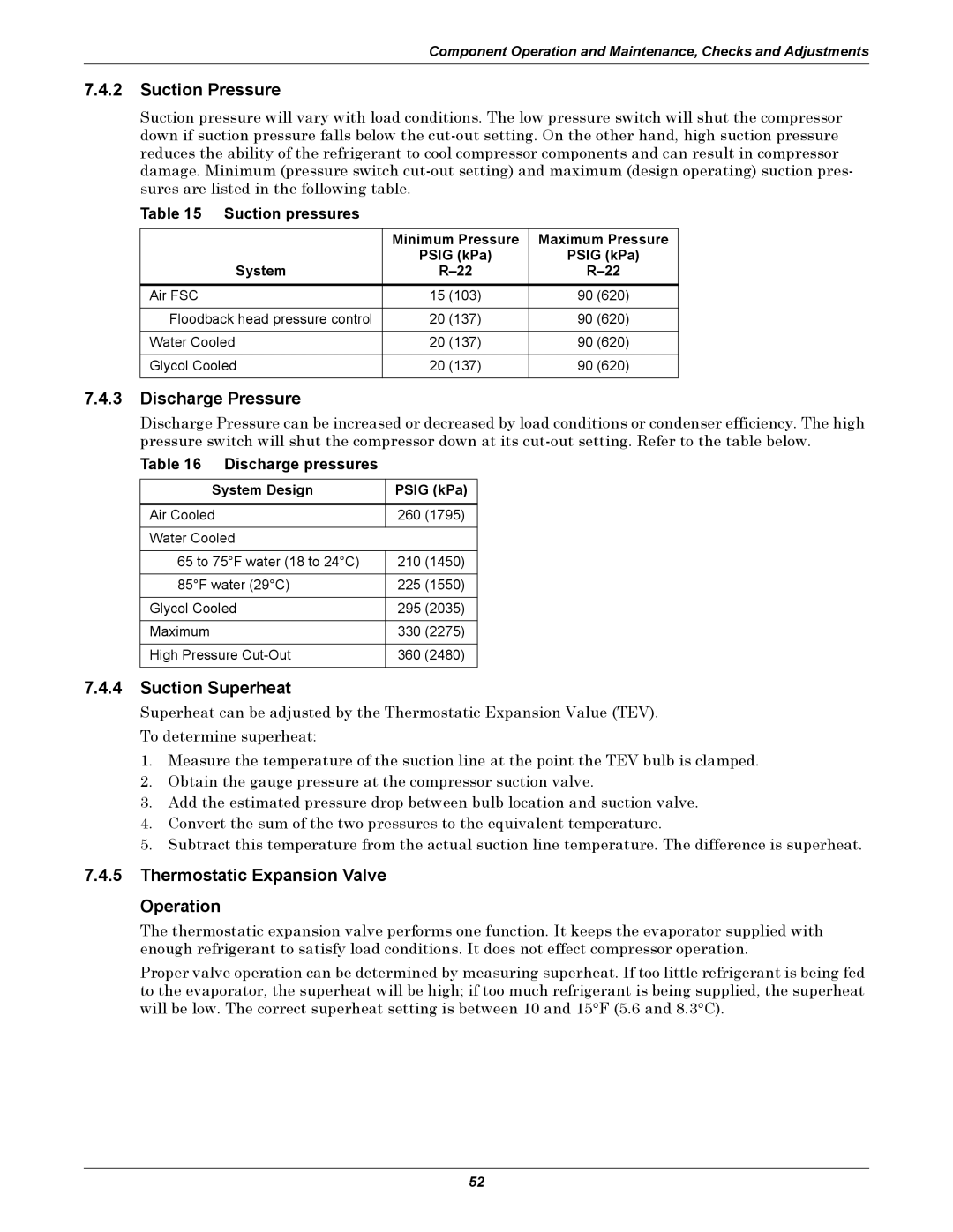 Emerson VH, DE, VE, DH manual Suction Pressure, Discharge Pressure, Suction Superheat, Thermostatic Expansion Valve Operation 