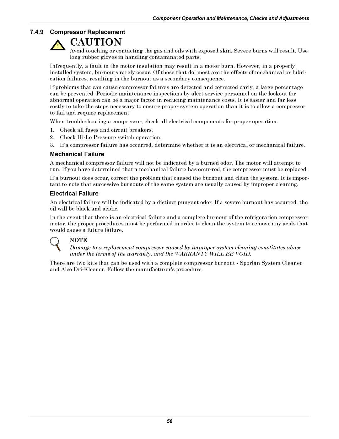 Emerson VH, DE, VE, DH manual Compressor Replacement, Mechanical Failure, Electrical Failure 