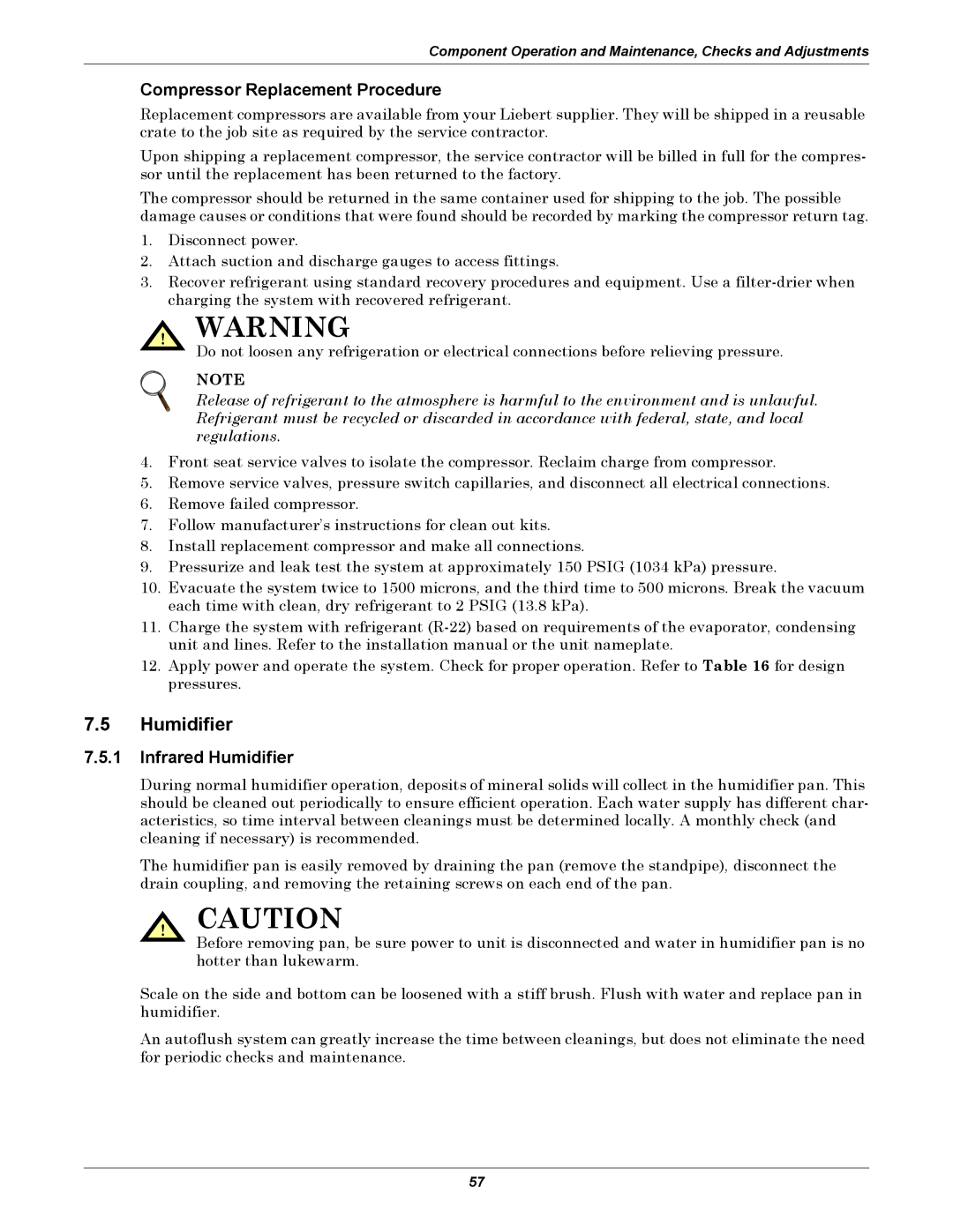 Emerson DE, VH, VE, DH manual Compressor Replacement Procedure, Infrared Humidifier 