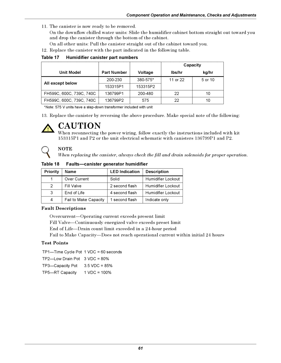 Emerson DE, VH, VE, DH manual Humidifier canister part numbers, Faults-canister generator humidifier 